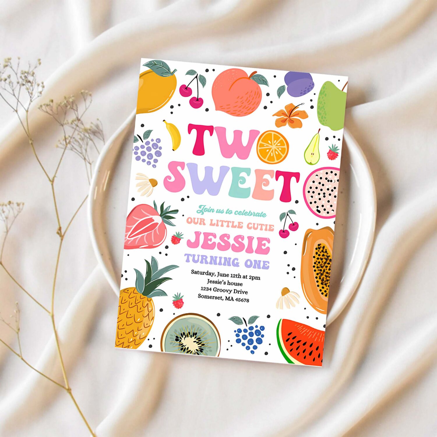 Editable tutti frutti 2nd birthday invitation two sweet 2nd birthday invitation twotti frutti tropical summer pool party 1
