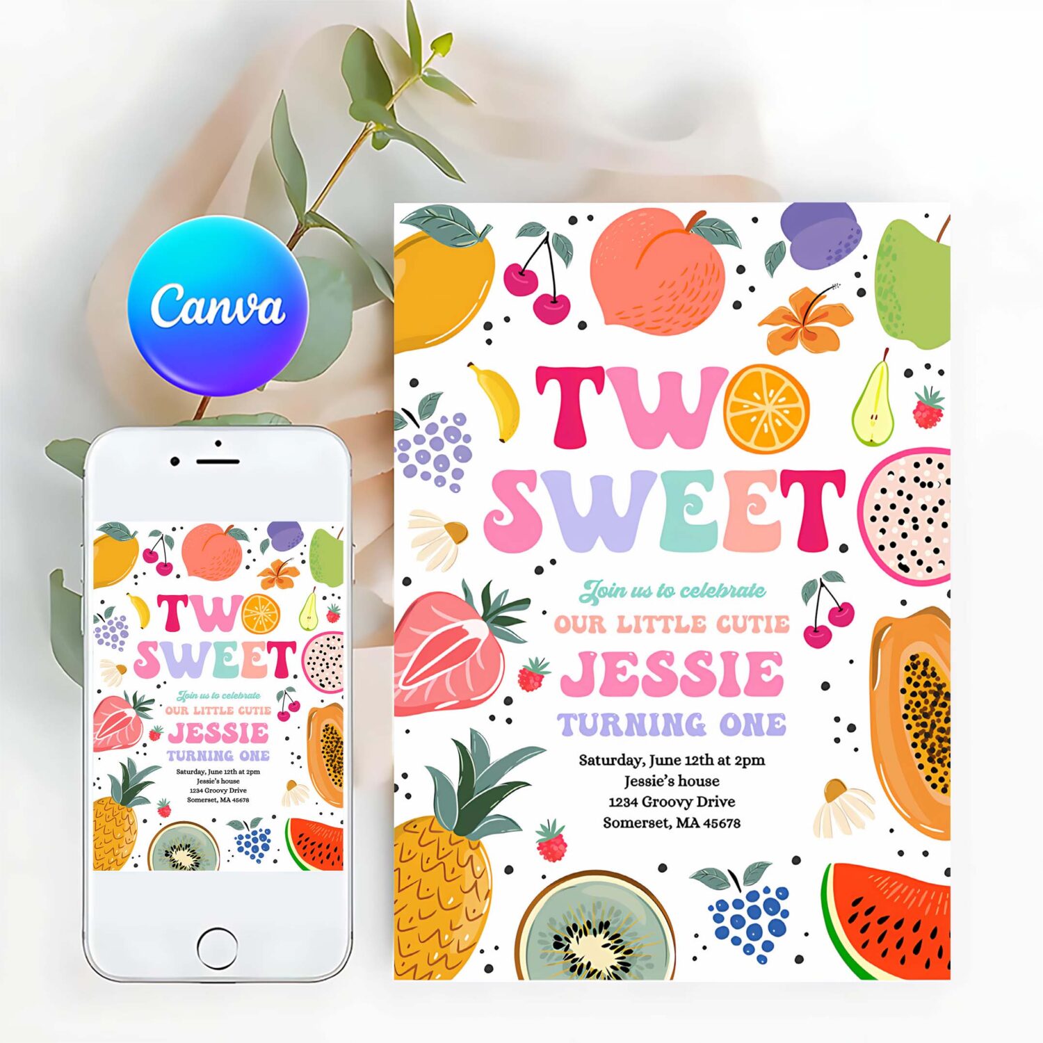 Editable tutti frutti 2nd birthday invitation two sweet 2nd birthday invitation twotti frutti tropical summer pool party