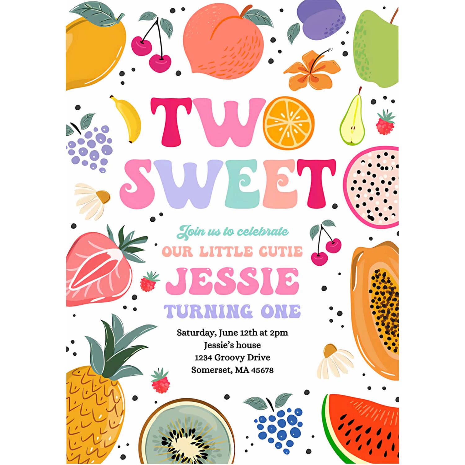 Editable tutti frutti 2nd birthday invitation two sweet 2nd birthday invitation twotti frutti tropical summer pool party 4