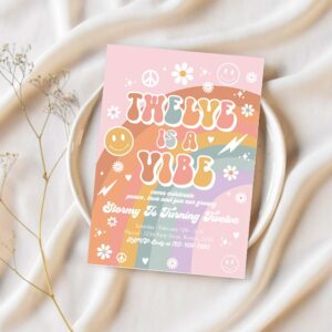 Editable twelve is a vibe groovy birthday party invitation peace love party rainbow hippie groovy 70s 12th birthday 1