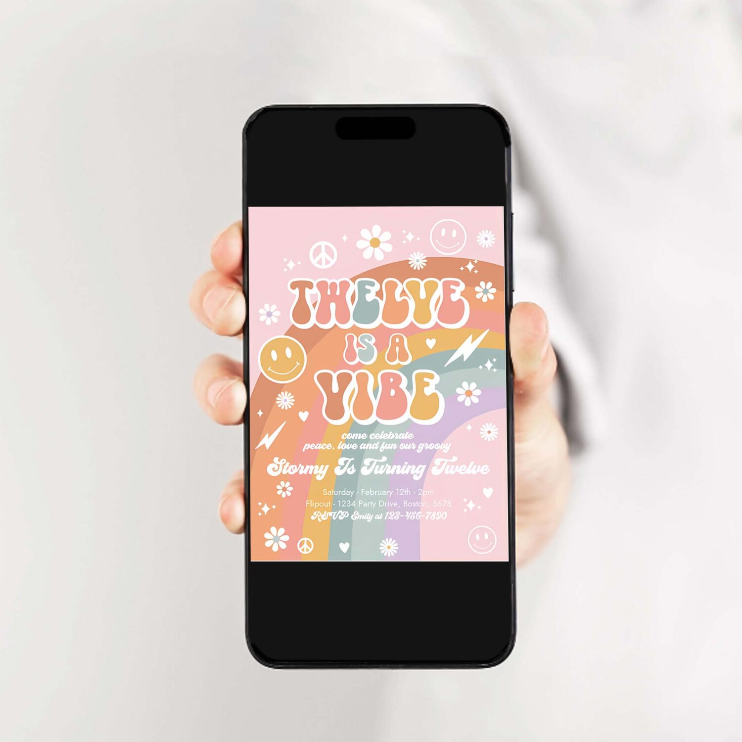 Editable twelve is a vibe groovy birthday party invitation peace love party rainbow hippie groovy 70s 12th birthday 2