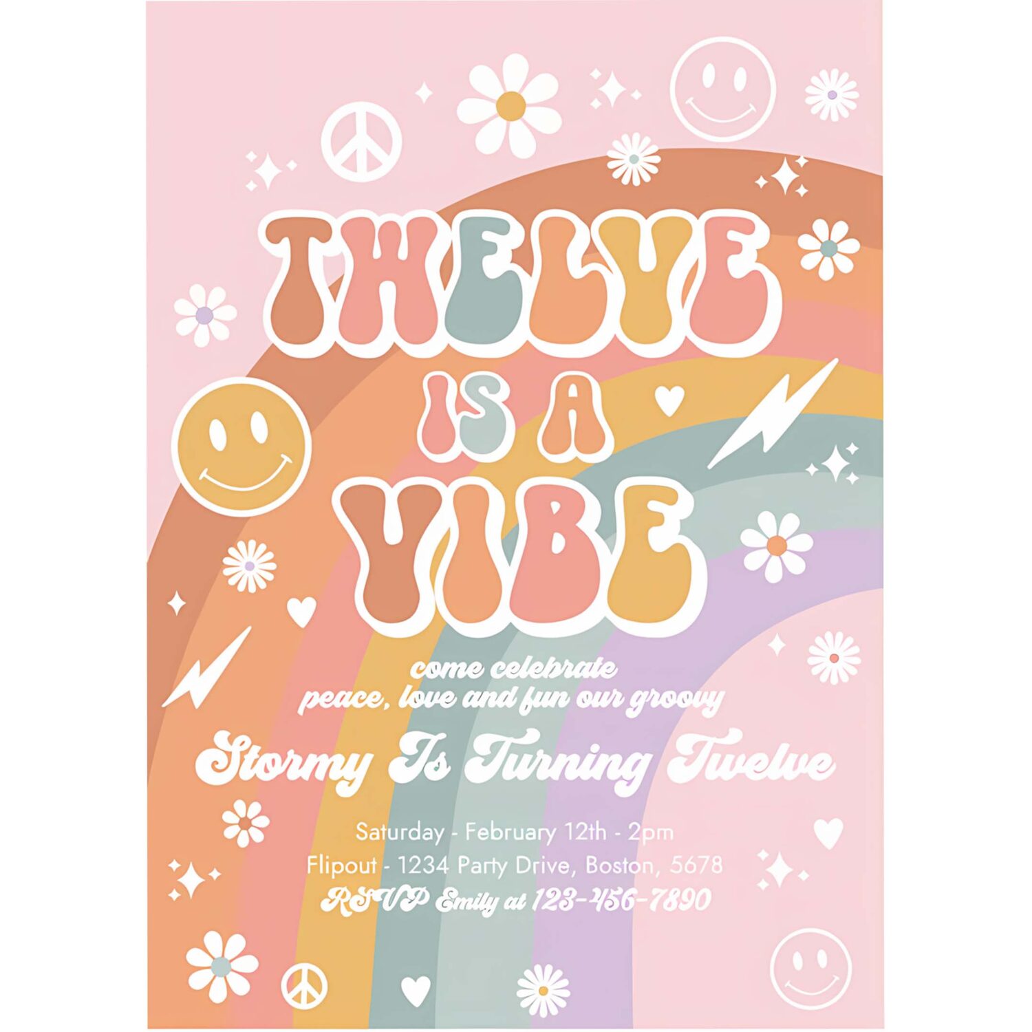 Editable twelve is a vibe groovy birthday party invitation peace love party rainbow hippie groovy 70s 12th birthday 4