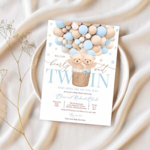 Editable twin teddy bear hot air balloon baby shower invitation twin boy blue teddy bear baby shower we can bearly wait instant download 4h 1