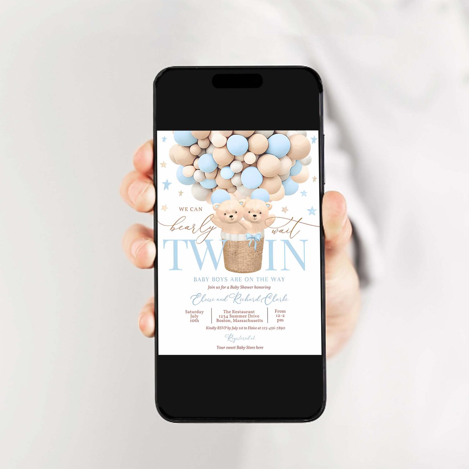 Editable twin teddy bear hot air balloon baby shower invitation twin boy blue teddy bear baby shower we can bearly wait instant download 4h 2