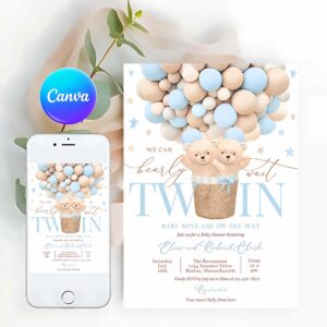 Teddy Bear Invitation, Twin Teddy Bear Hot Air Balloon Baby Shower Invitation