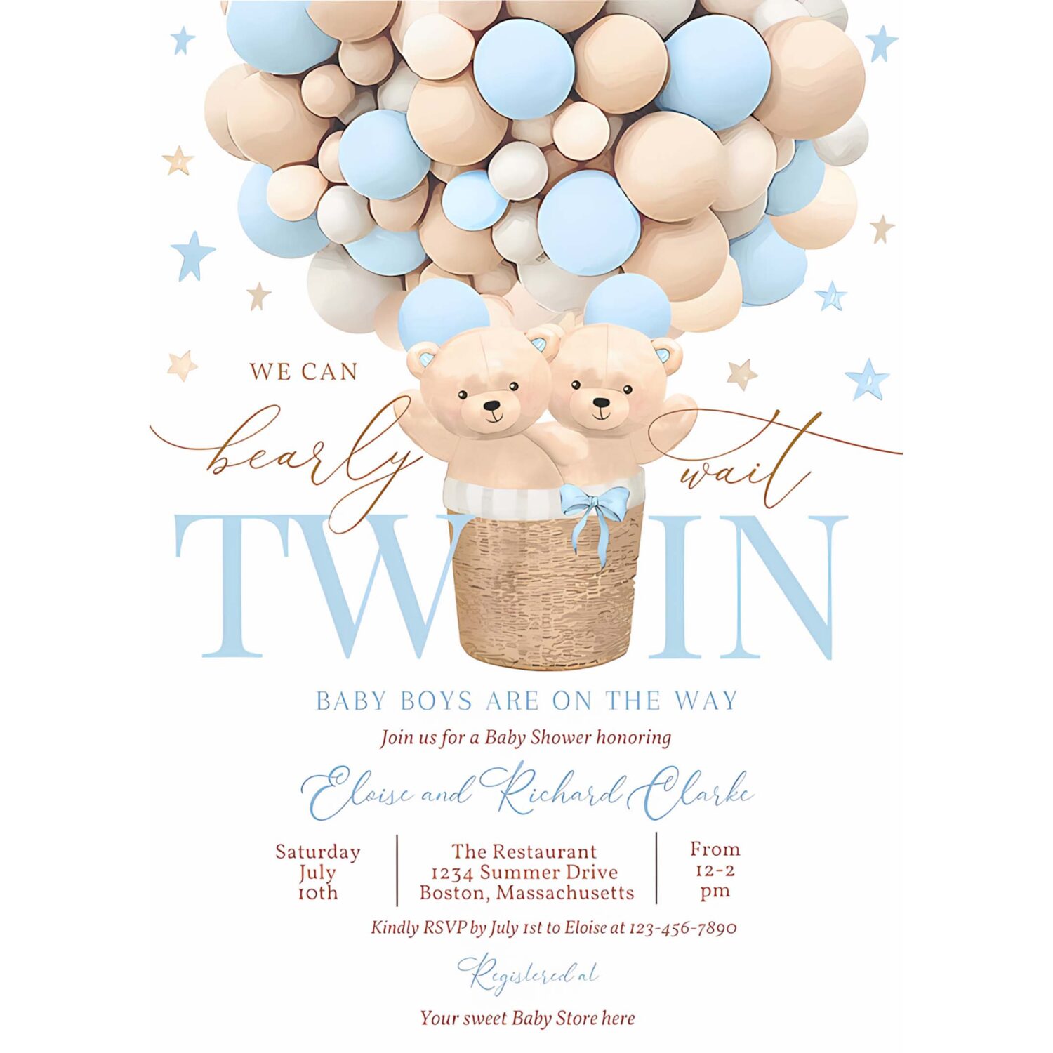 Editable twin teddy bear hot air balloon baby shower invitation twin boy blue teddy bear baby shower we can bearly wait instant download 4h 4