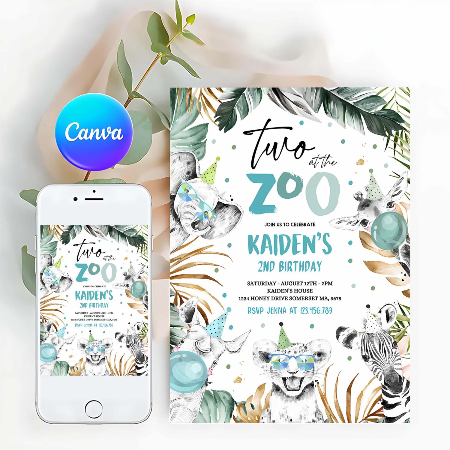 Editable two at the zoo birthday invitation safari animals invite jungle safari animal 2nd birthday party