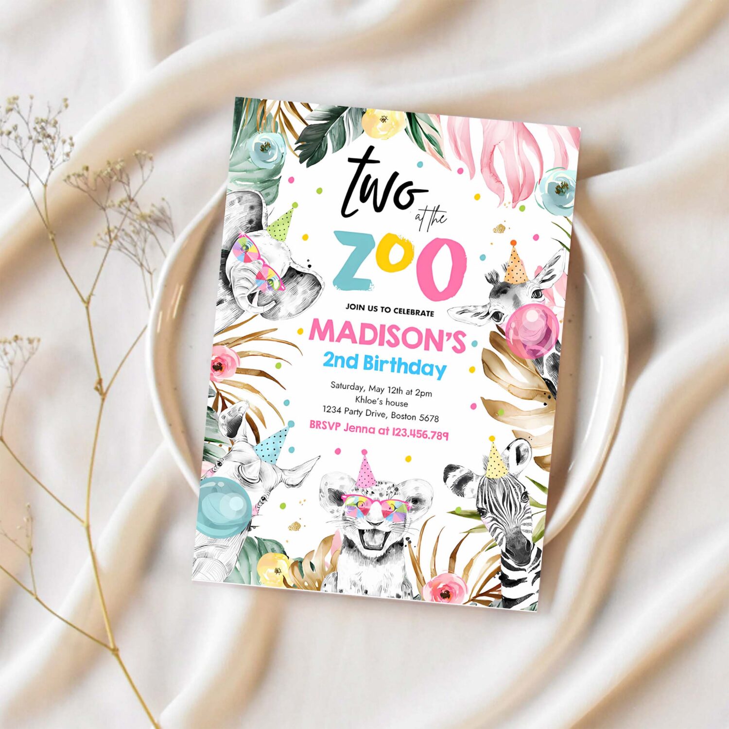 Editable two at the zoo birthday party invitation safari animals invite jungle safari animal 2nd birthday party 1