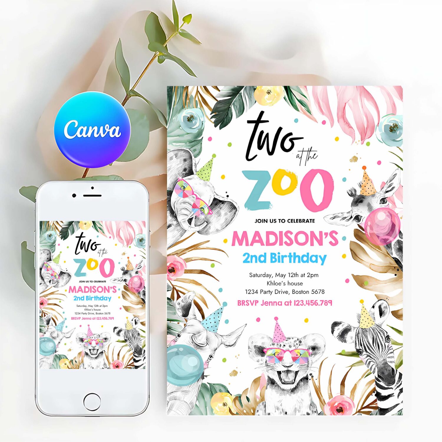 Editable two at the zoo birthday party invitation safari animals invite jungle safari animal 2nd birthday party
