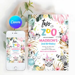 Two At The Zoo Birthday Party Invitation