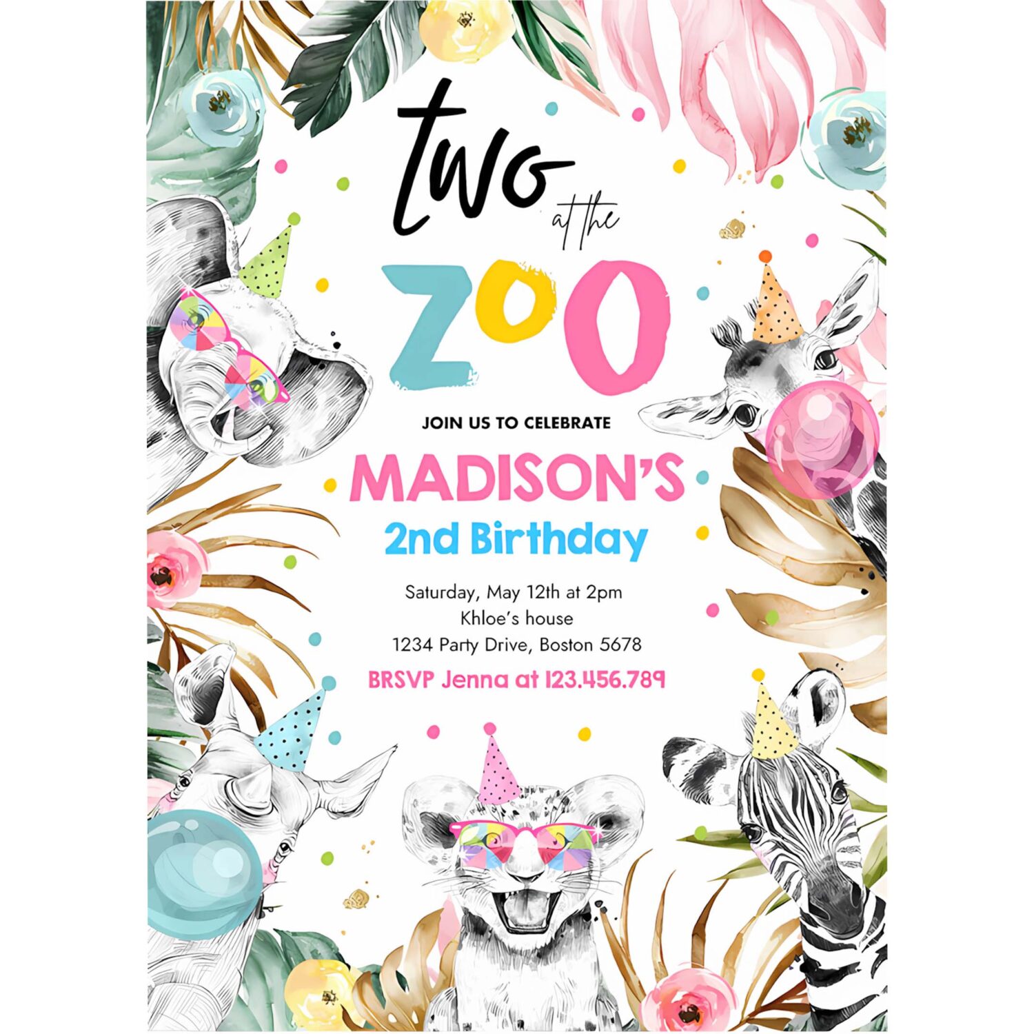 Editable two at the zoo birthday party invitation safari animals invite jungle safari animal 2nd birthday party 4