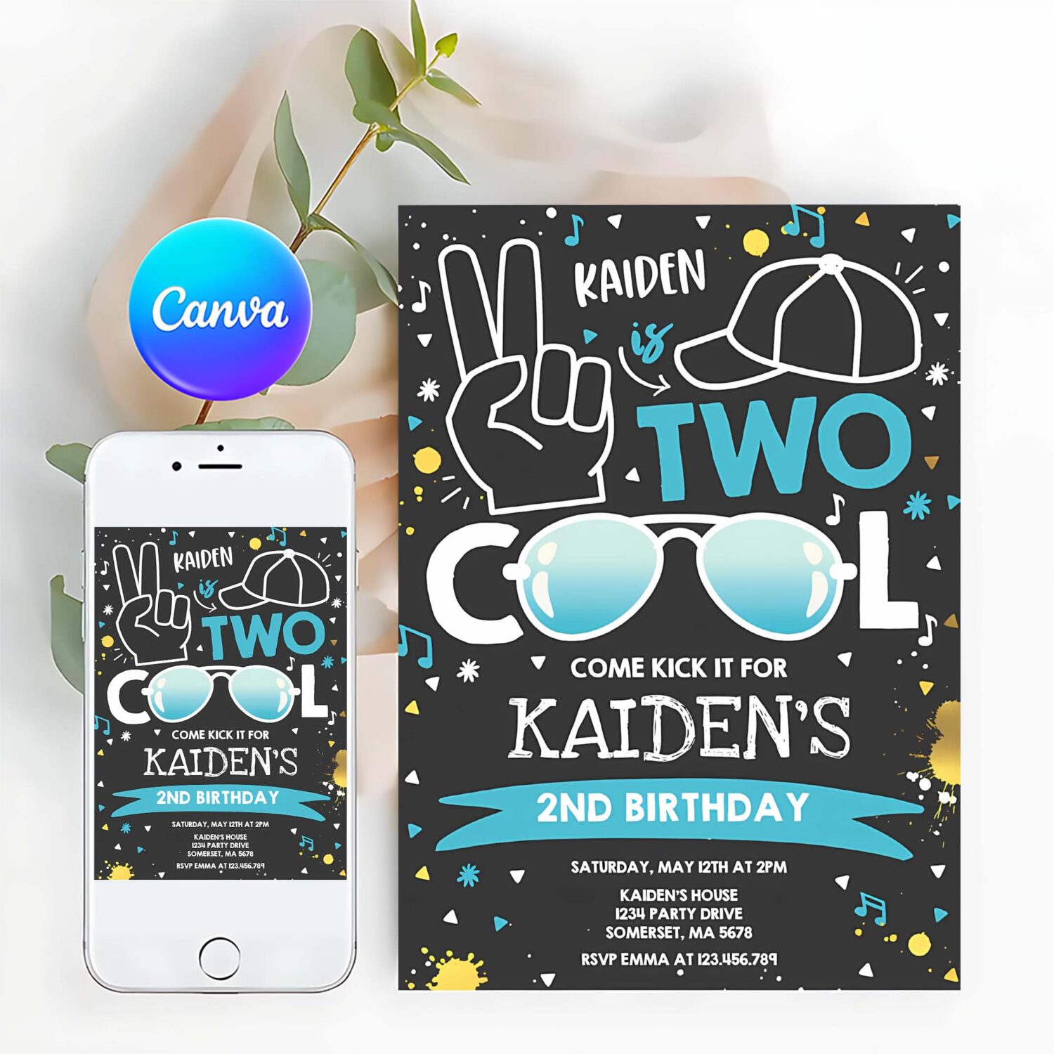 Editable two cool birthday invitation two cool party boy 2nd birthday party im two cool blue sunglasses birthday party