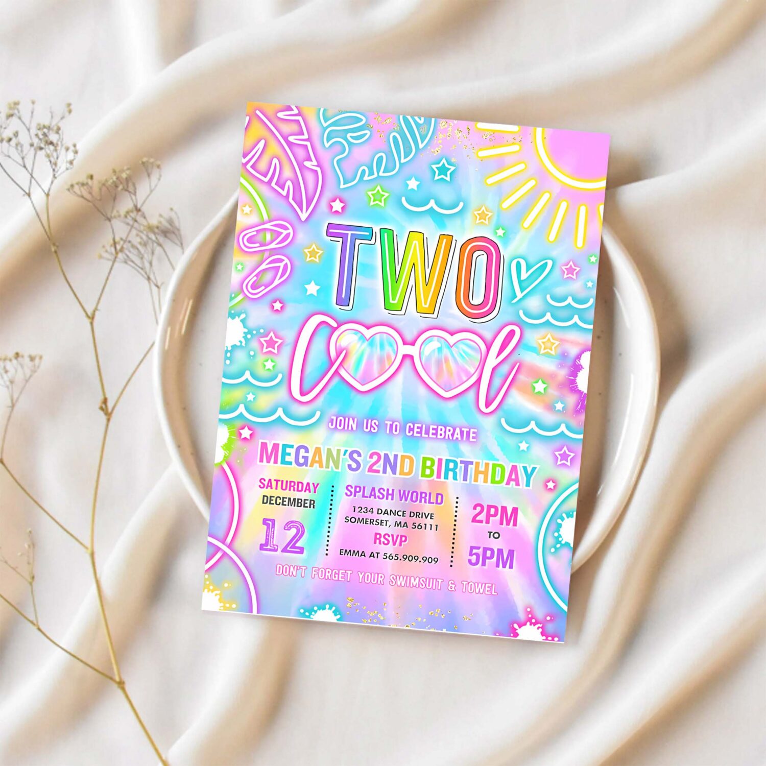 Editable two cool pool 2nd birthday party invitation glow neon tie dye summer waterslide waterpark splash pad pool party instant download y3 1