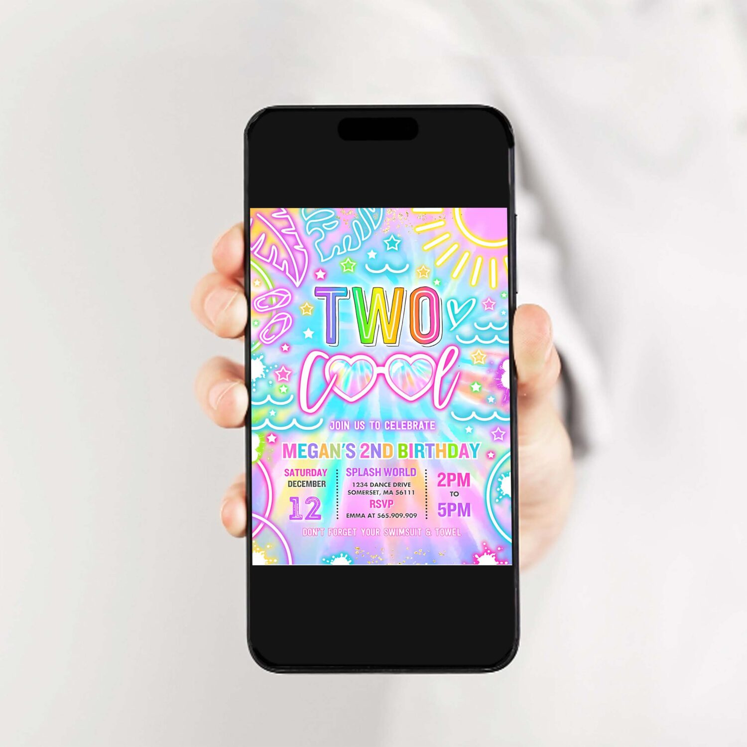 Editable two cool pool 2nd birthday party invitation glow neon tie dye summer waterslide waterpark splash pad pool party instant download y3 2