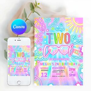 Pool Party Invitation, Two Cool Pool 2nd Birthday Party Invitation Glow Neon Tie Dye Summer Waterslide Waterpark Splash Pad Pool Party