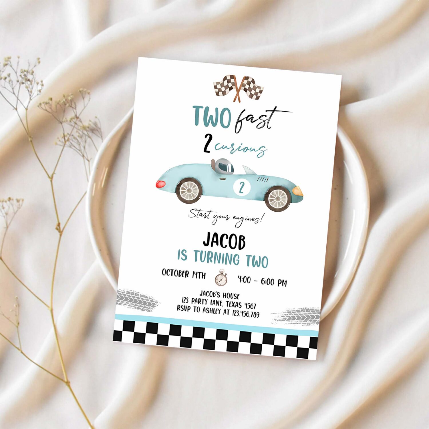 Editable two fast birthday invitation 2 curious party race car second birthday 2nd racing boy download printable template digital corjl 0424 1