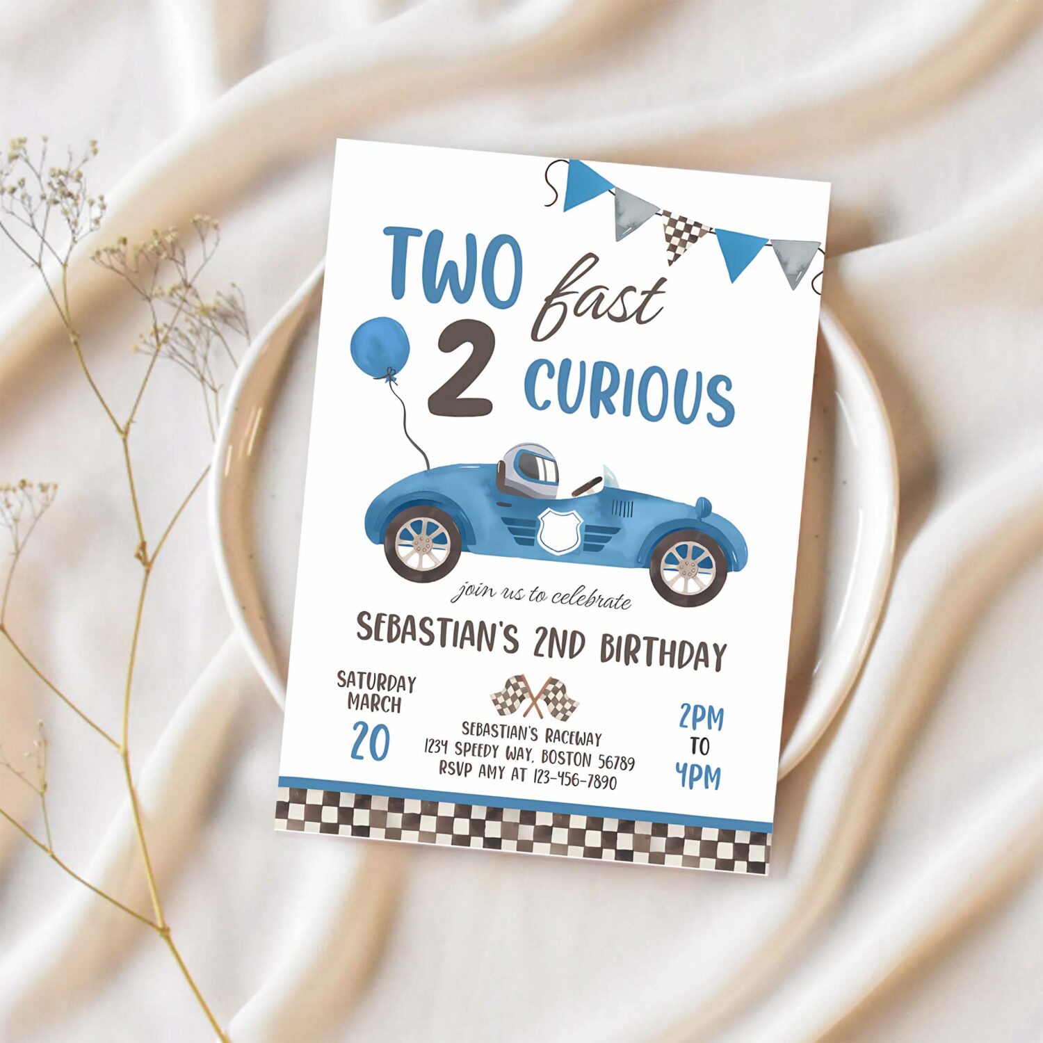 Editable two fast birthday invitation blue two fast boy race car 2nd birthday party invite two fast 2 curious race car party 1