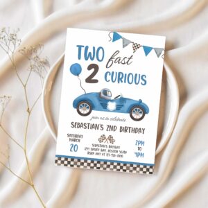 Editable two fast birthday invitation blue two fast boy race car 2nd birthday party invite two fast 2 curious race car party 1