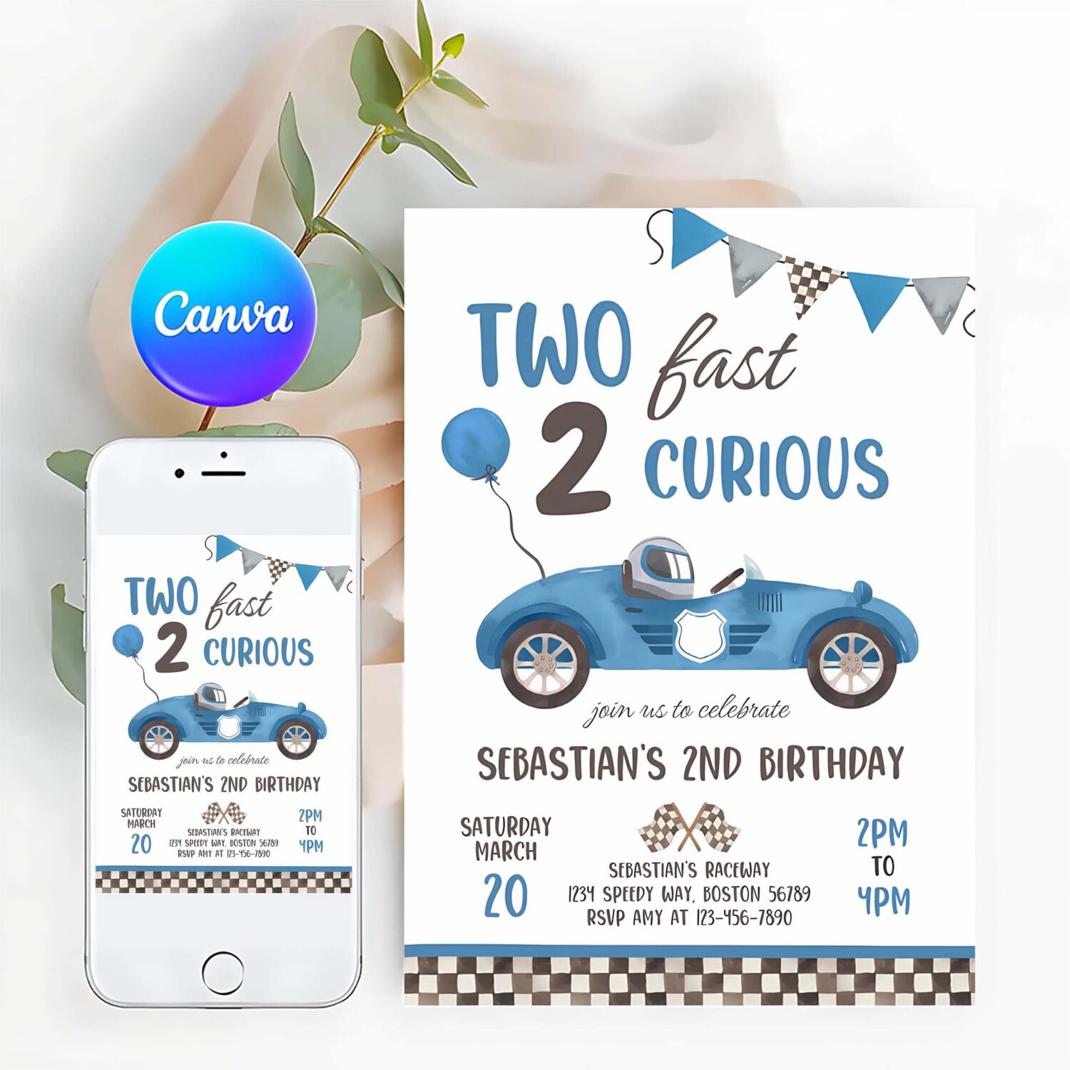 Editable two fast birthday invitation blue two fast boy race car 2nd birthday party invite two fast 2 curious race car party