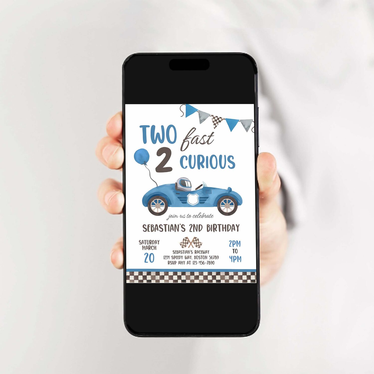 Editable two fast birthday invitation blue two fast boy race car 2nd birthday party invite two fast 2 curious race car party 2