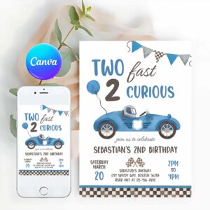 Racing Car Invitation, Blue Race Car 2nd Birthday Party, Invite, Two Fast 2 Curious Race Car Party Invitation