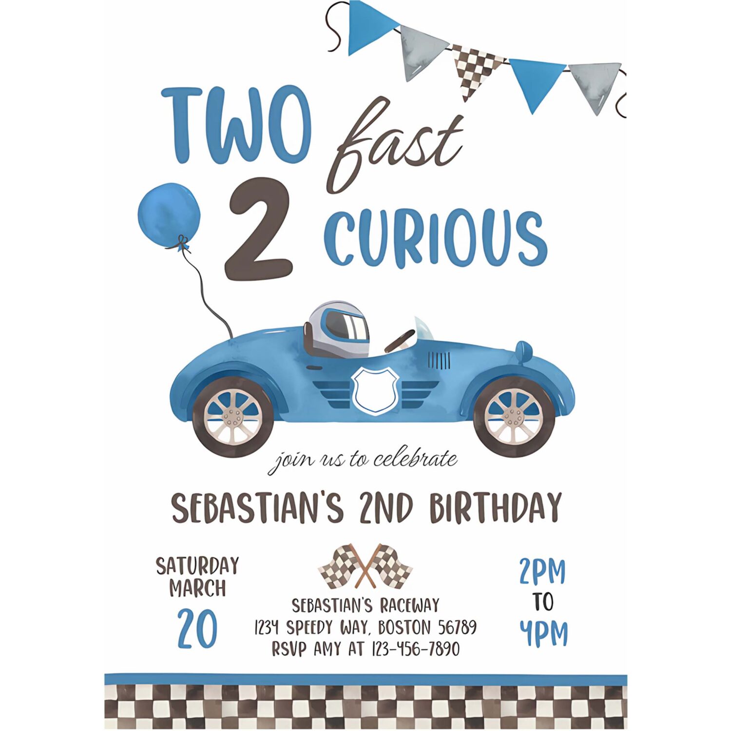 Editable two fast birthday invitation blue two fast boy race car 2nd birthday party invite two fast 2 curious race car party 4