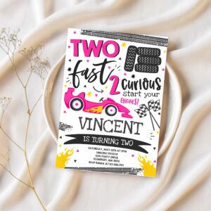 Editable two fast birthday invitation dark pink two fast race car 2nd birthday party invite two fast 2 curious pink race car party 1