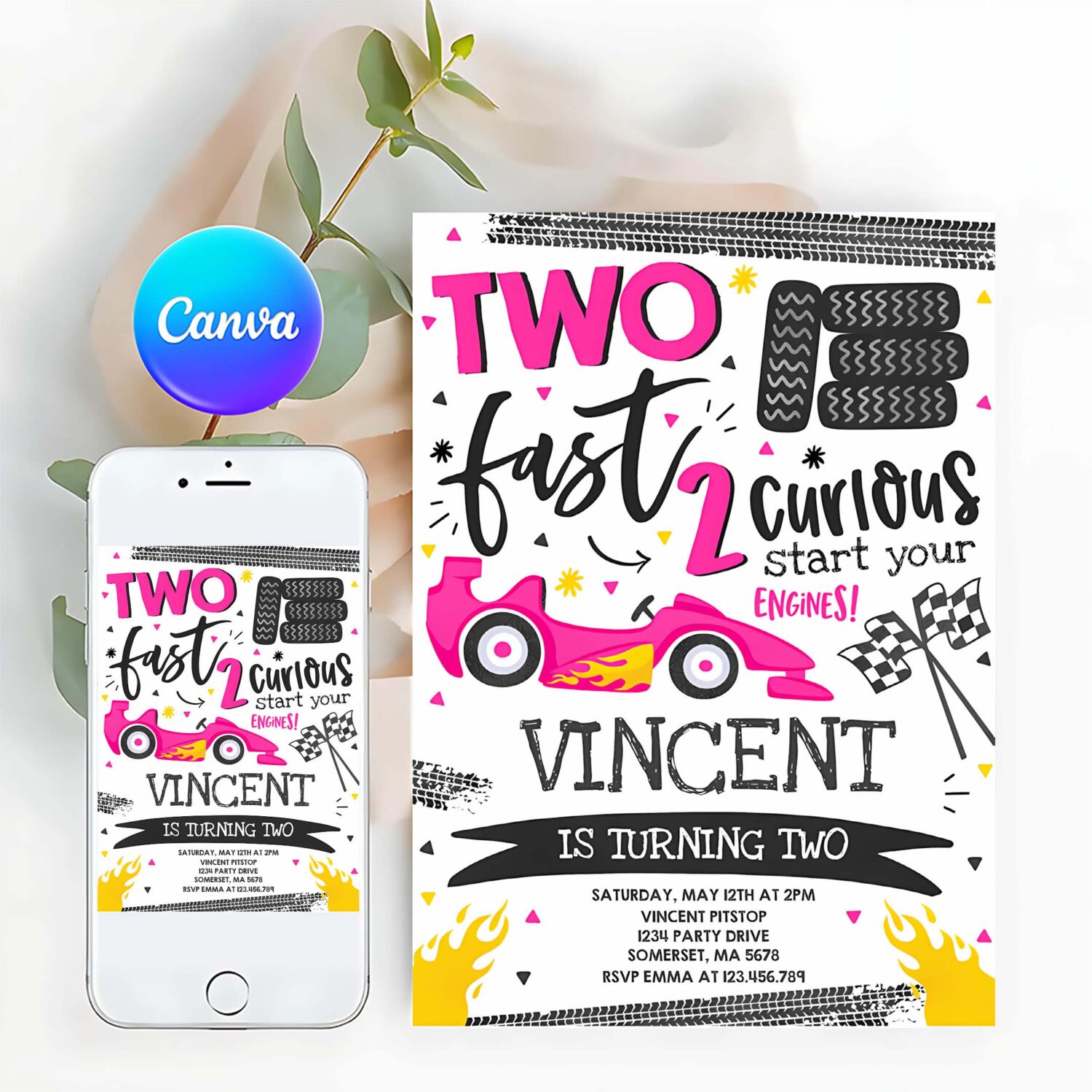 Editable two fast birthday invitation dark pink two fast race car 2nd birthday party invite two fast 2 curious pink race car party