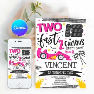 Racing Car Invitation, Dark Pink Two Fast Race Car 2nd Birthday Party, Invite, Two Fast 2 Curious Pink Race Car Party Invitation