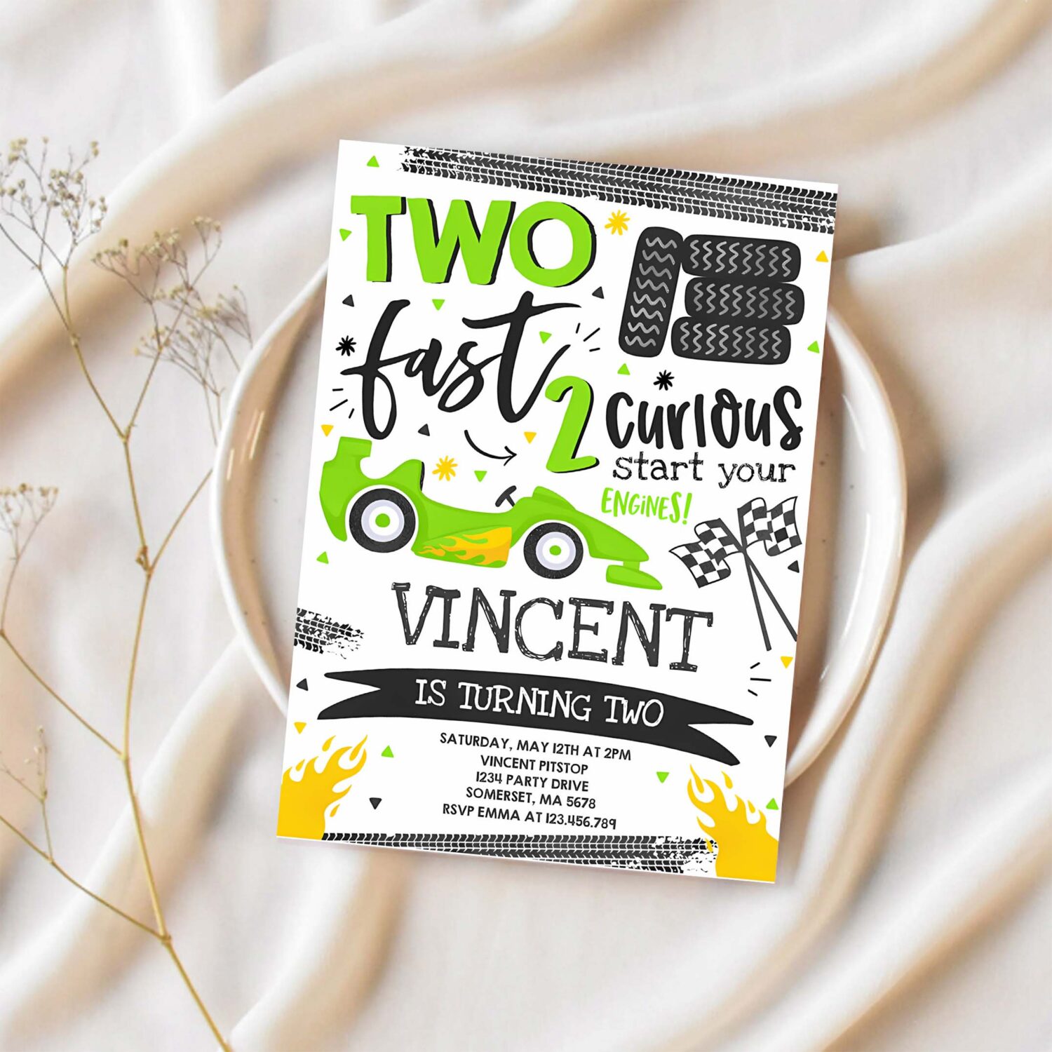 Editable two fast birthday invitation green two fast race car 2nd birthday party two fast 2 curious green race car party 1
