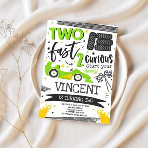 Editable two fast birthday invitation green two fast race car 2nd birthday party two fast 2 curious green race car party 1