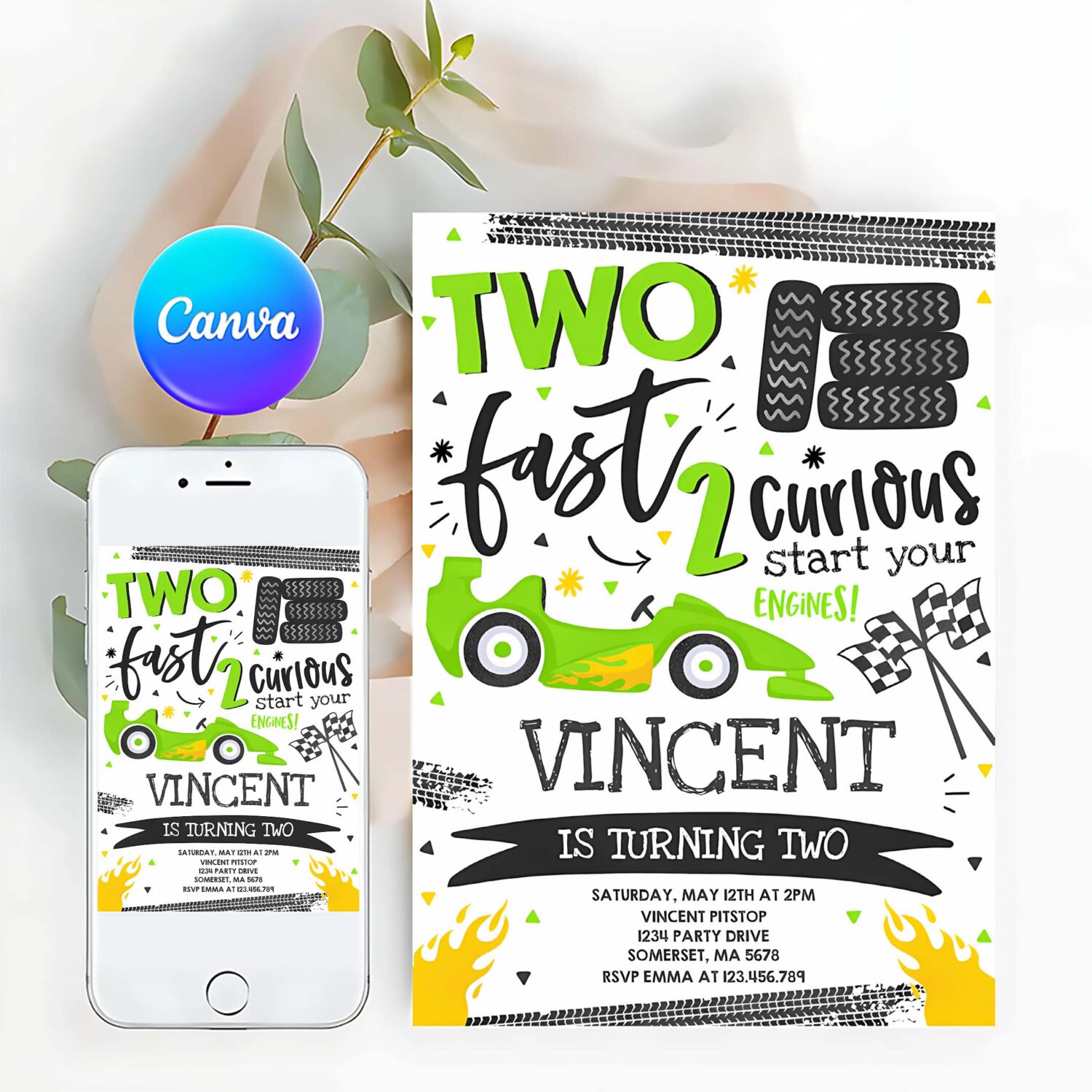 Editable two fast birthday invitation green two fast race car 2nd birthday party two fast 2 curious green race car party