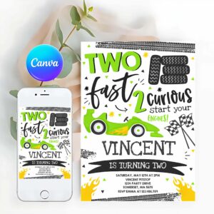 Racing Car Invitation, Green Two Fast Race Car 2nd Birthday Party, Two Fast 2 Curious Green Race Car Party Invitation