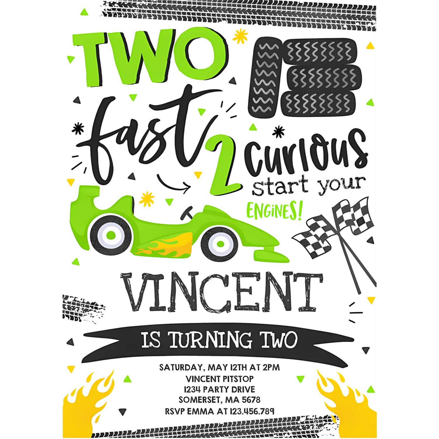 Editable two fast birthday invitation green two fast race car 2nd birthday party two fast 2 curious green race car party 4