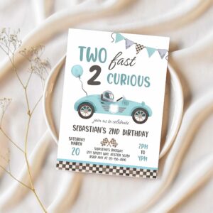Editable two fast birthday invitation light blue two fast boy race car 2nd birthday party invite two fast 2 curious race car party 1