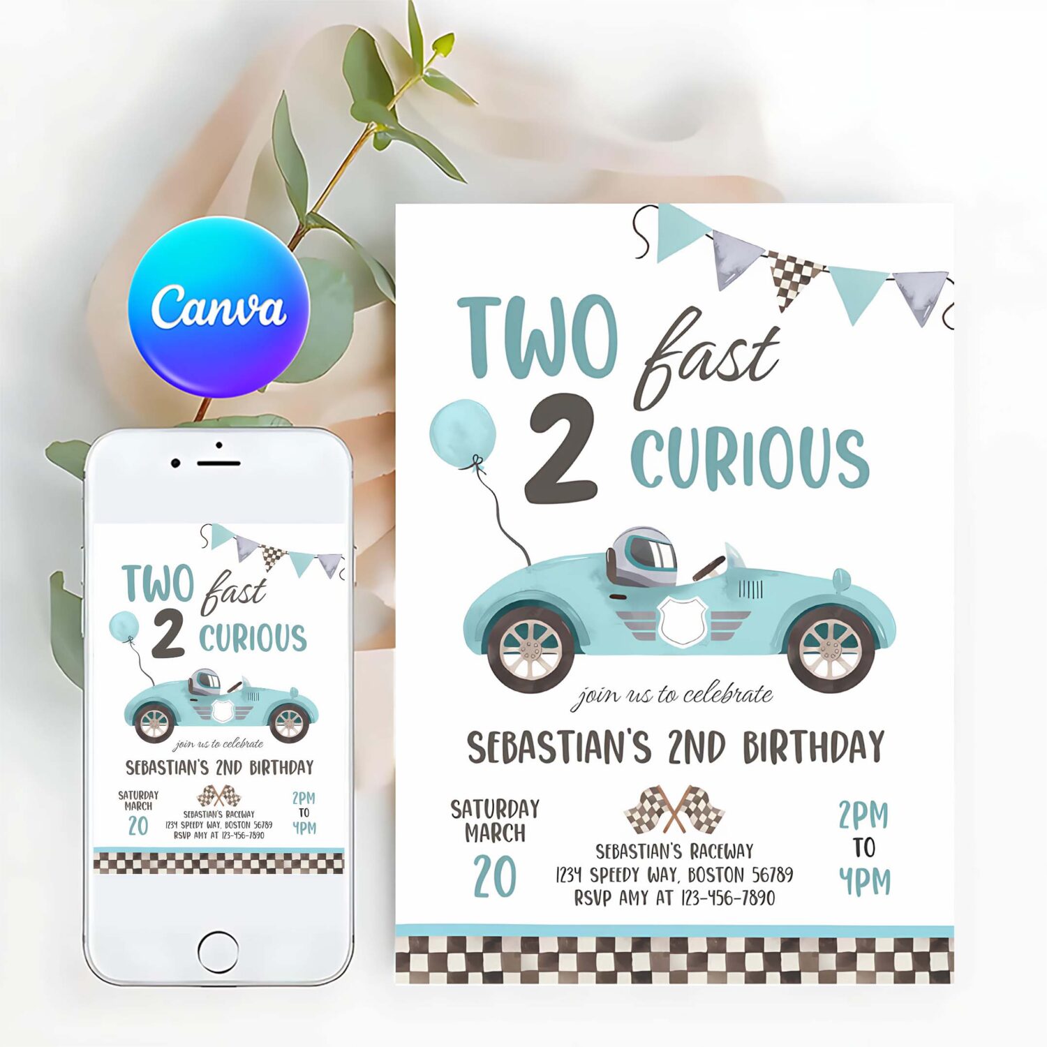 Editable two fast birthday invitation light blue two fast boy race car 2nd birthday party invite two fast 2 curious race car party