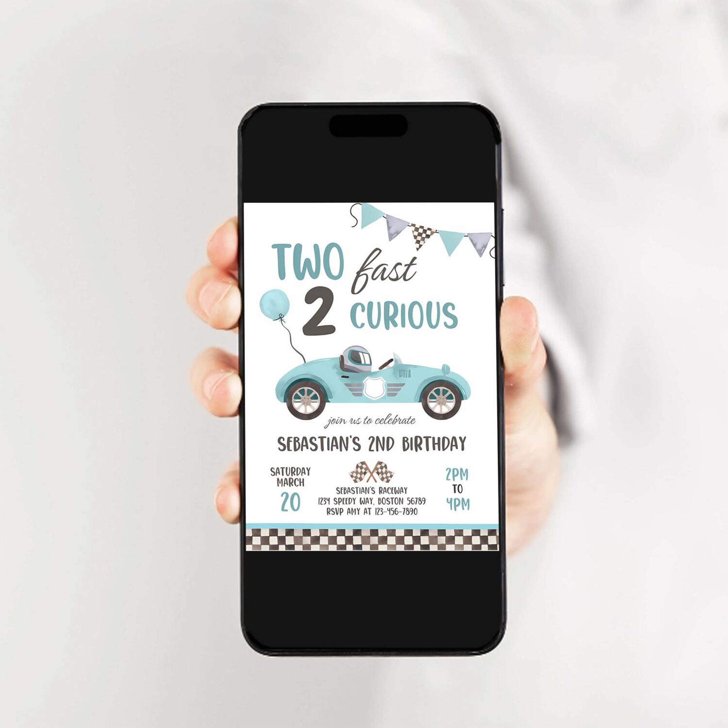 Editable two fast birthday invitation light blue two fast boy race car 2nd birthday party invite two fast 2 curious race car party 2