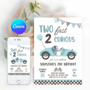 Racing Car Invitation, Light Blue Race Car 2nd Birthday Party, Invite, Two Fast 2 Curious Race Car Party Invitation