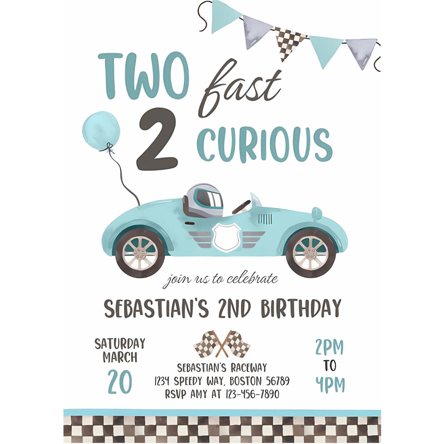 Editable two fast birthday invitation light blue two fast boy race car 2nd birthday party invite two fast 2 curious race car party 4