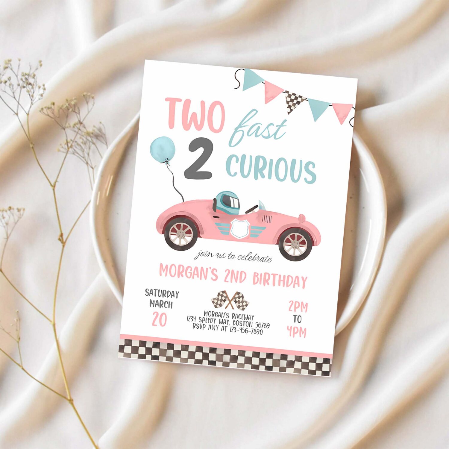 Editable two fast birthday invitation pink two fast girl pink race car 2nd birthday party two fast 2 curious race car party 1