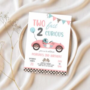 Editable two fast birthday invitation pink two fast girl pink race car 2nd birthday party two fast 2 curious race car party 1