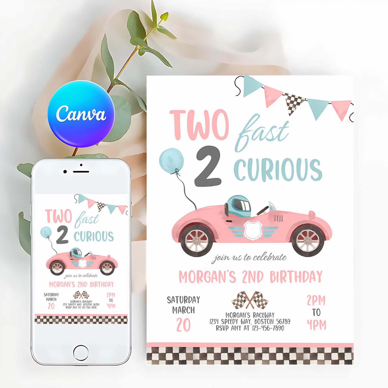 Editable two fast birthday invitation pink two fast girl pink race car 2nd birthday party two fast 2 curious race car party