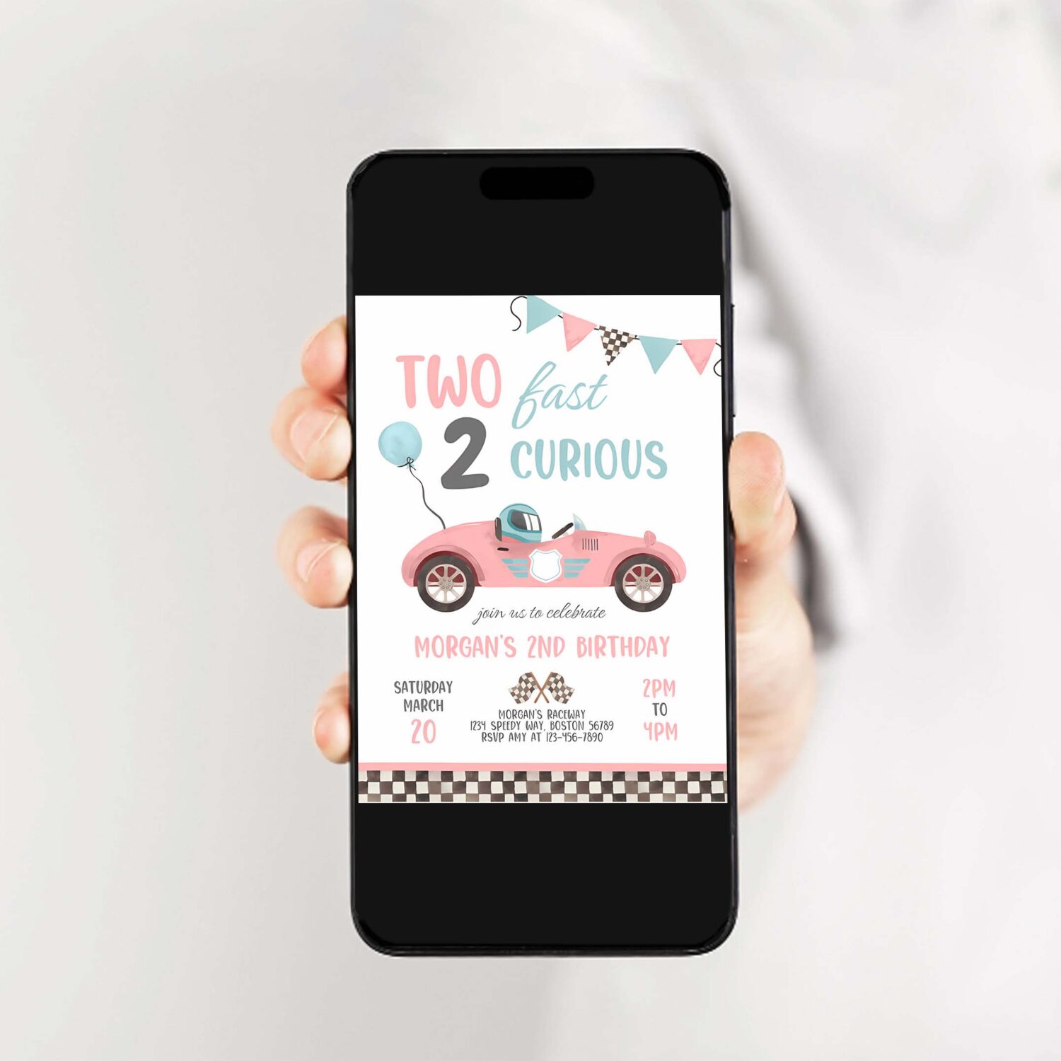 Editable two fast birthday invitation pink two fast girl pink race car 2nd birthday party two fast 2 curious race car party 2