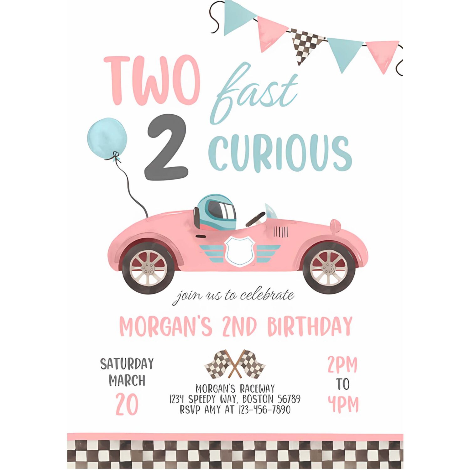 Editable two fast birthday invitation pink two fast girl pink race car 2nd birthday party two fast 2 curious race car party 4