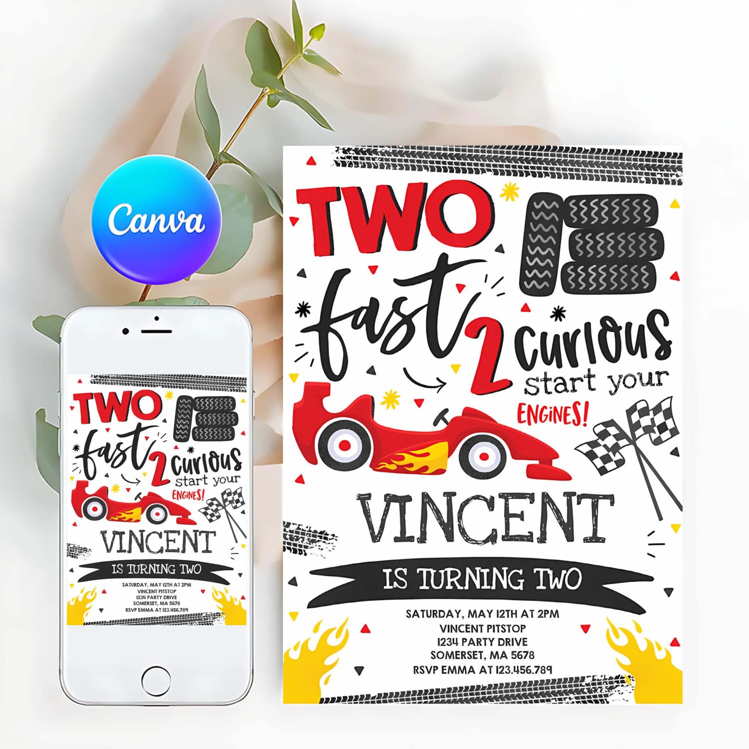 Editable two fast birthday invitation red two fast boy race car 2nd birthday party invite two fast 2 curious race car party