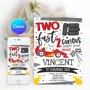 Racing Car Invitation, Red Race Car 2nd Birthday Party, Invite, Two Fast 2 Curious Race Car Party Invitation