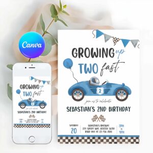 Racing Car Invitation, Race Car 2nd Birthday Party, Growing Up Two Fast Race Car Party Invitation