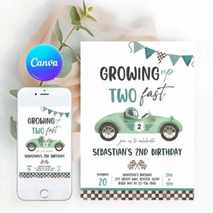 Racing Car Invitation, Race Car 2nd Birthday Party, Invite, Growing Up Two Fast Race Car Invitation