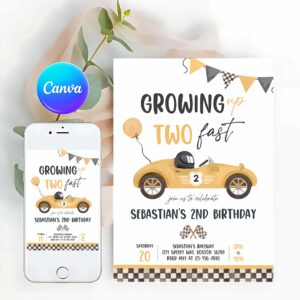 Racing Car Invitation, Race Car 2nd Birthday Party, Invite, Growing Up Two Fast Race Car Invitation