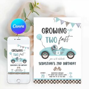 Racing Car Invitation, Race Car 2nd Birthday Party, Invite, Growing Up Two Fast Race Car Party Invitation